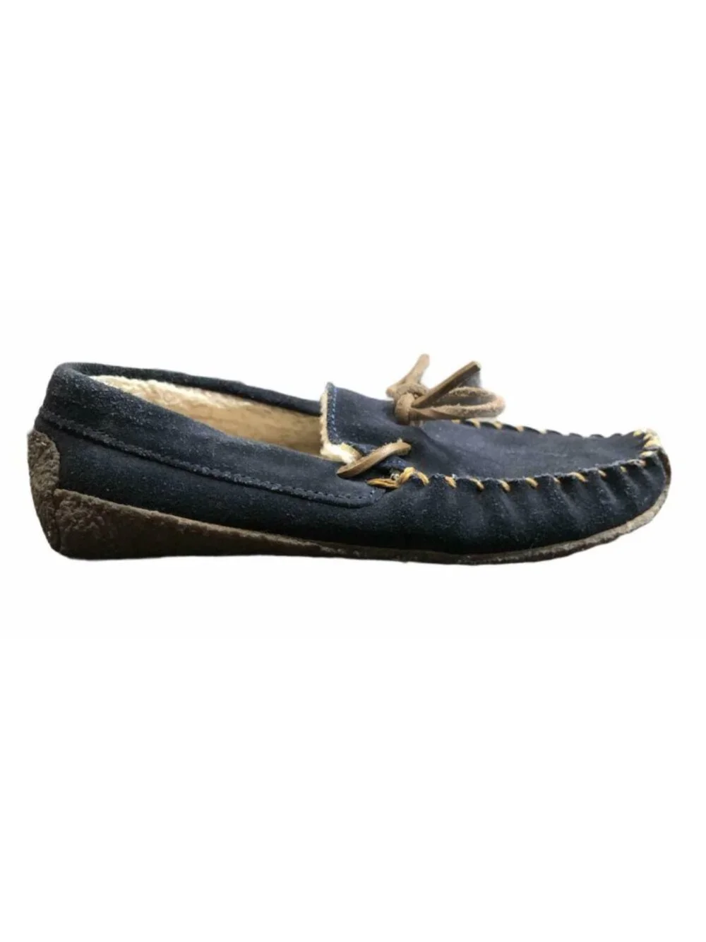 Lands End Moccasin Slippers Boys 2M Tan Navy Blue Suede Leather Faux Fur Lining